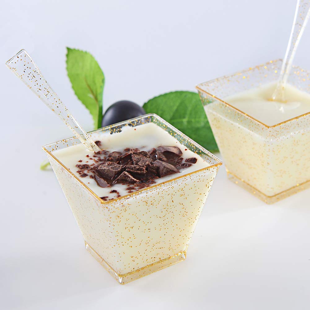I00000 200 Pieces Small Plastic Dessert Cups With Mini Spoons Gold Glitter, Premium Quality, Includes Disposable Square Cups 2 O