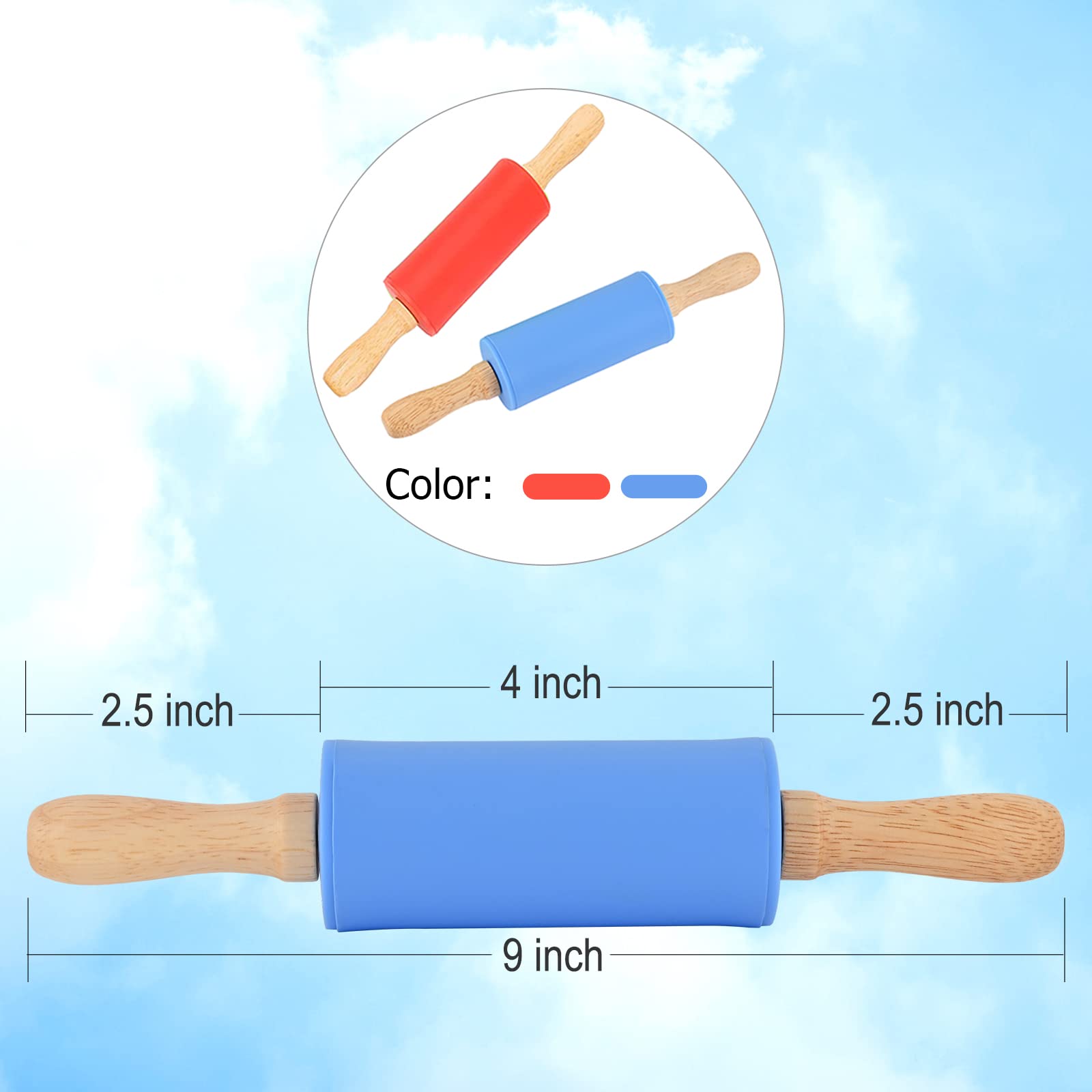 Mini Silicone Rolling Pin For Kids,Non-Stick Surface Wood Handle,9-Inch 2 Pack