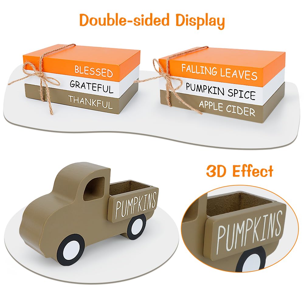 AKEROCK Fall Table Decor, Farmhouse Wooden Fall Signs with Book Stack, 3D Truck and 5 Individual Pumpkins for Tiered Tray, Coffe
