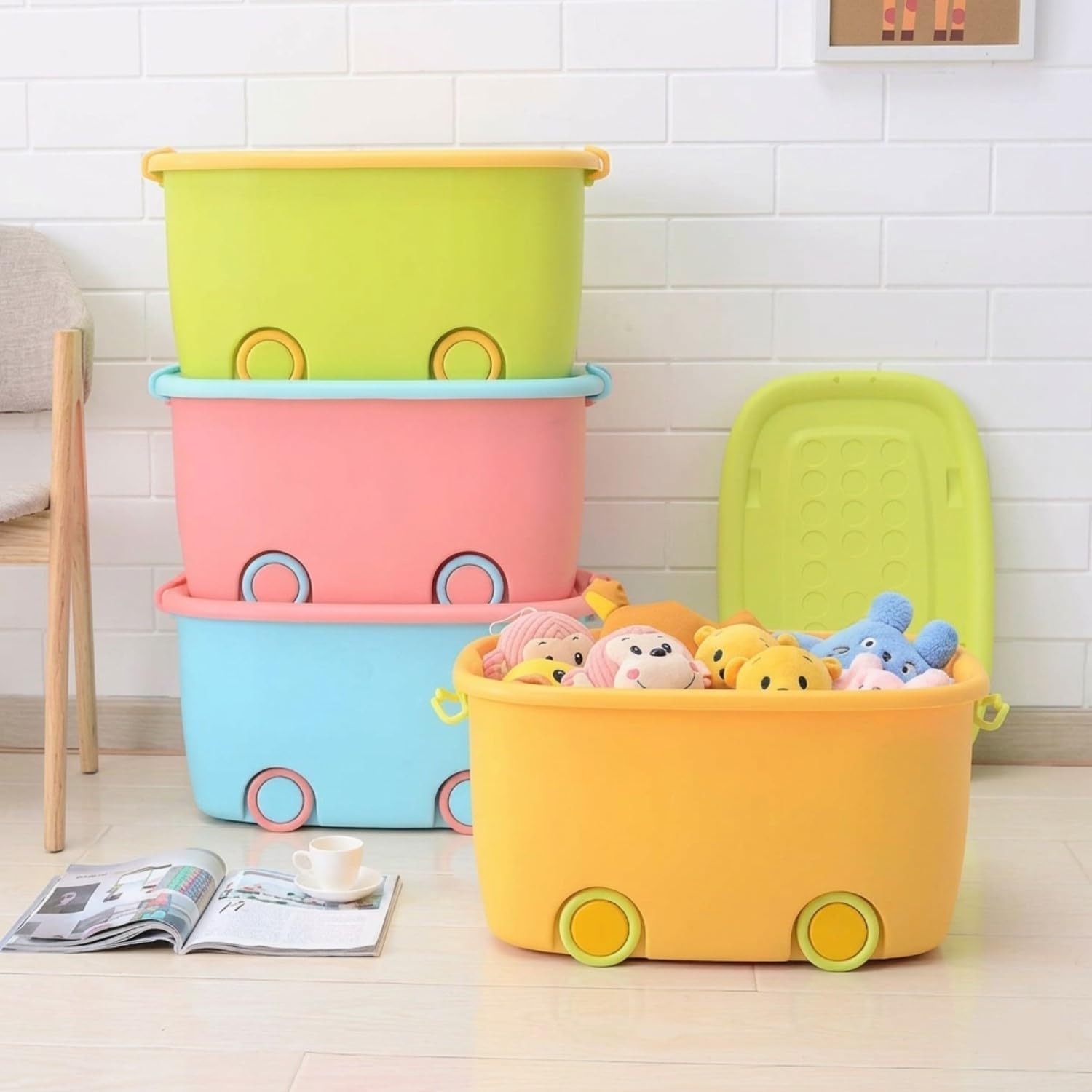 Golden Bird Plastic Stackable Abcd Lid, Wheels,Handles Organizer Storage Box For Kids Toys Multi Functional Rectangle Shaped (4)