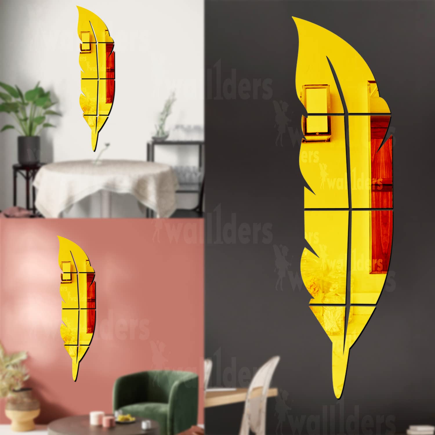 Wall1ders Plume Feather Golden, mirror stickers for wall, acrylic mirror wall decor sticker, wall mirror stickers, Acrylic Stick