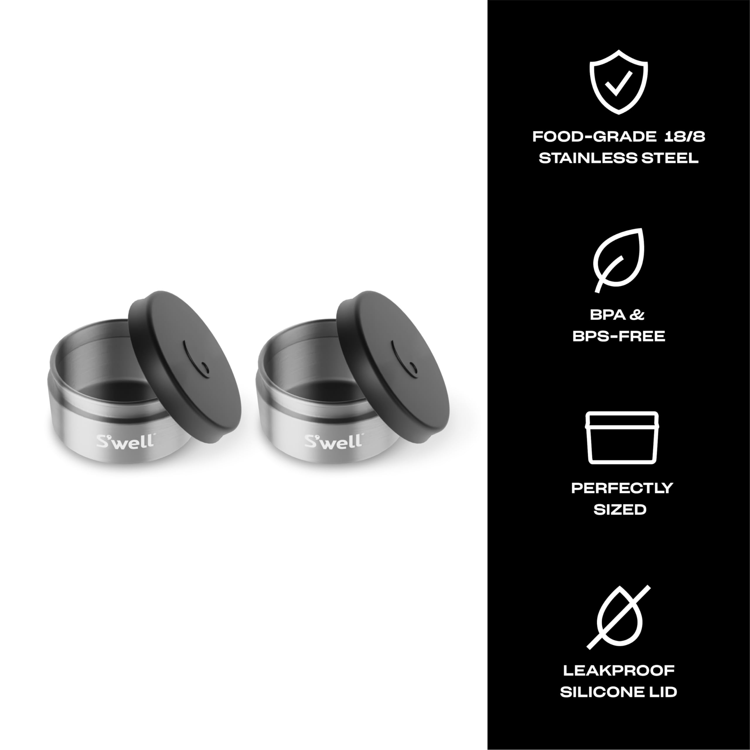 S'Well Stainless Steel Condiment Container Set Of Two, 2Oz, Black, Single Walled Durable Construction, Leakproof Silicone Lids,