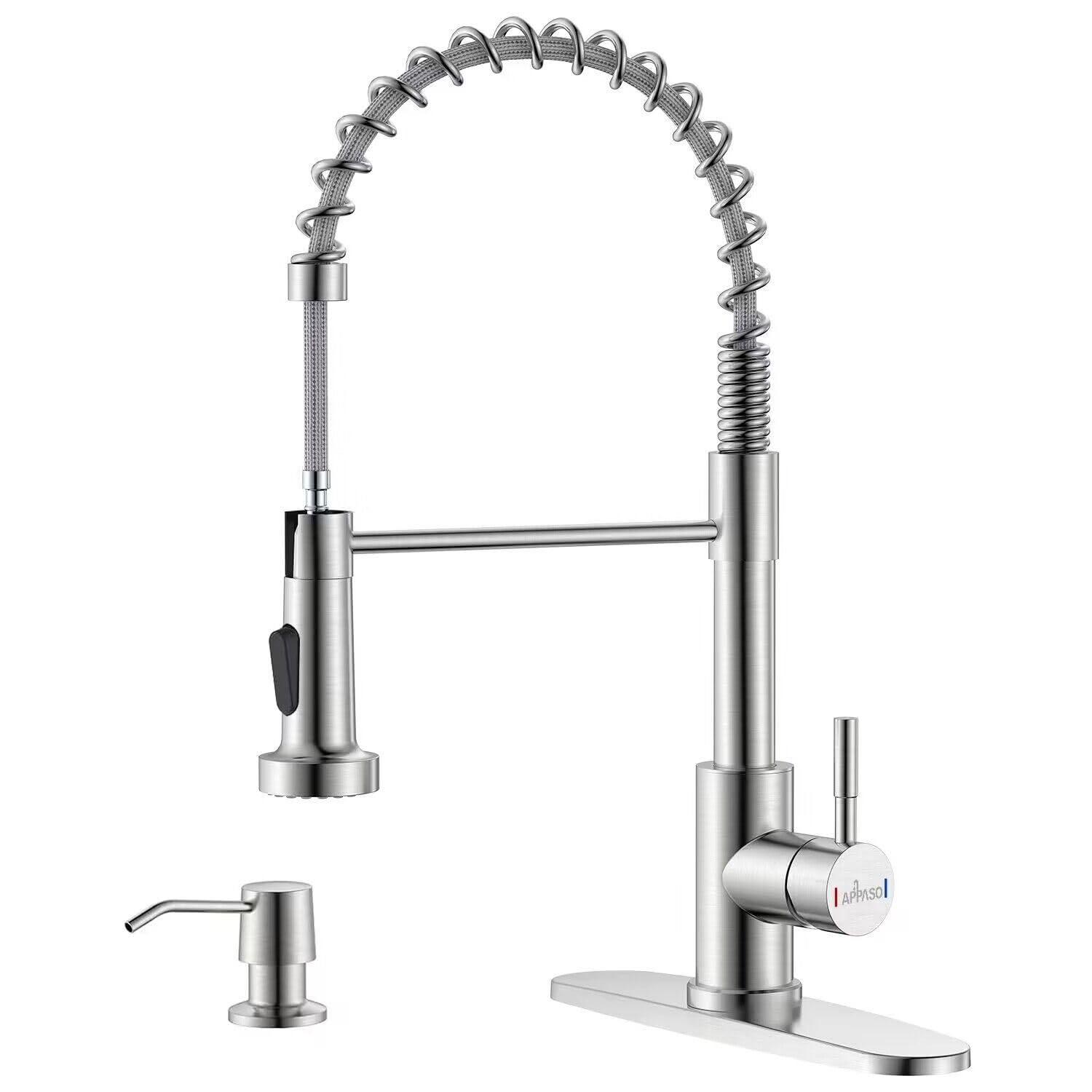 Appaso Commercial Kitchen Faucet Pull Down Sprayer With Soap Dispenser - Stainless Steel Brushed Nickel High Arc Tall Modern Sin