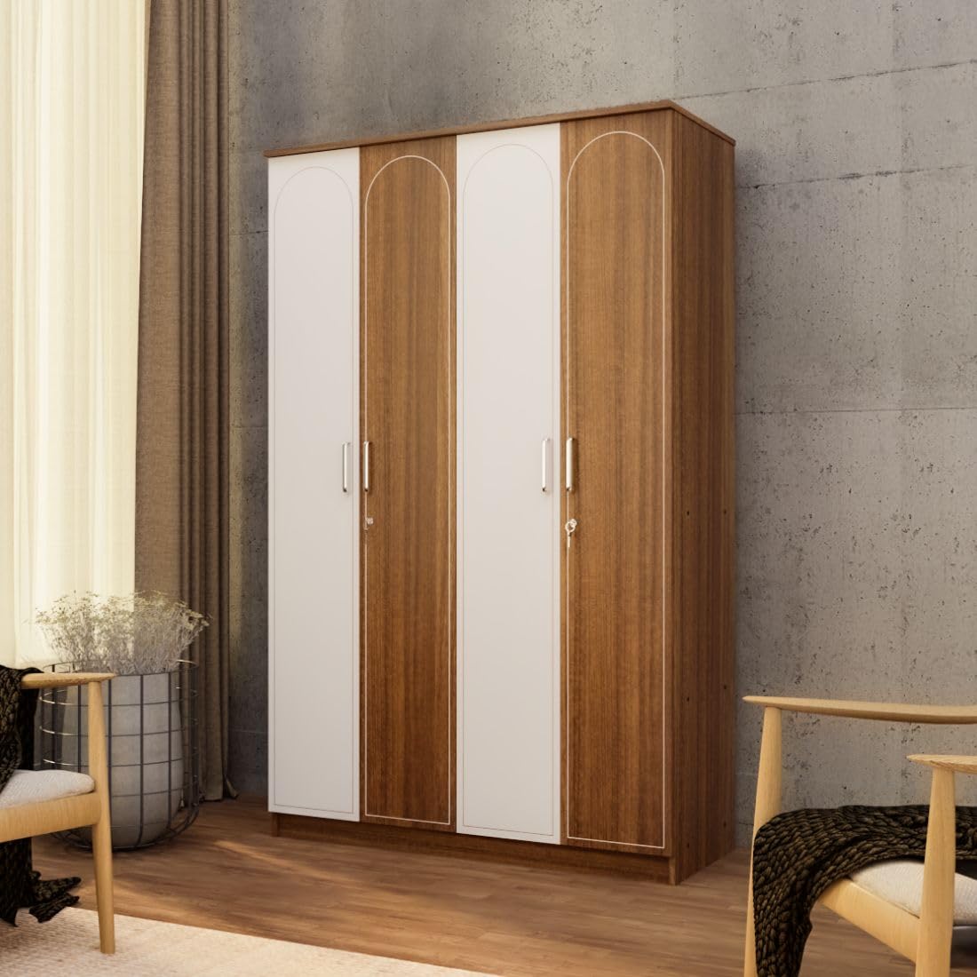 Amazon Brand  Solimo Tetra Engineered Wood 4Door Wardrobe (Leon Teak Arch, 4 Door)