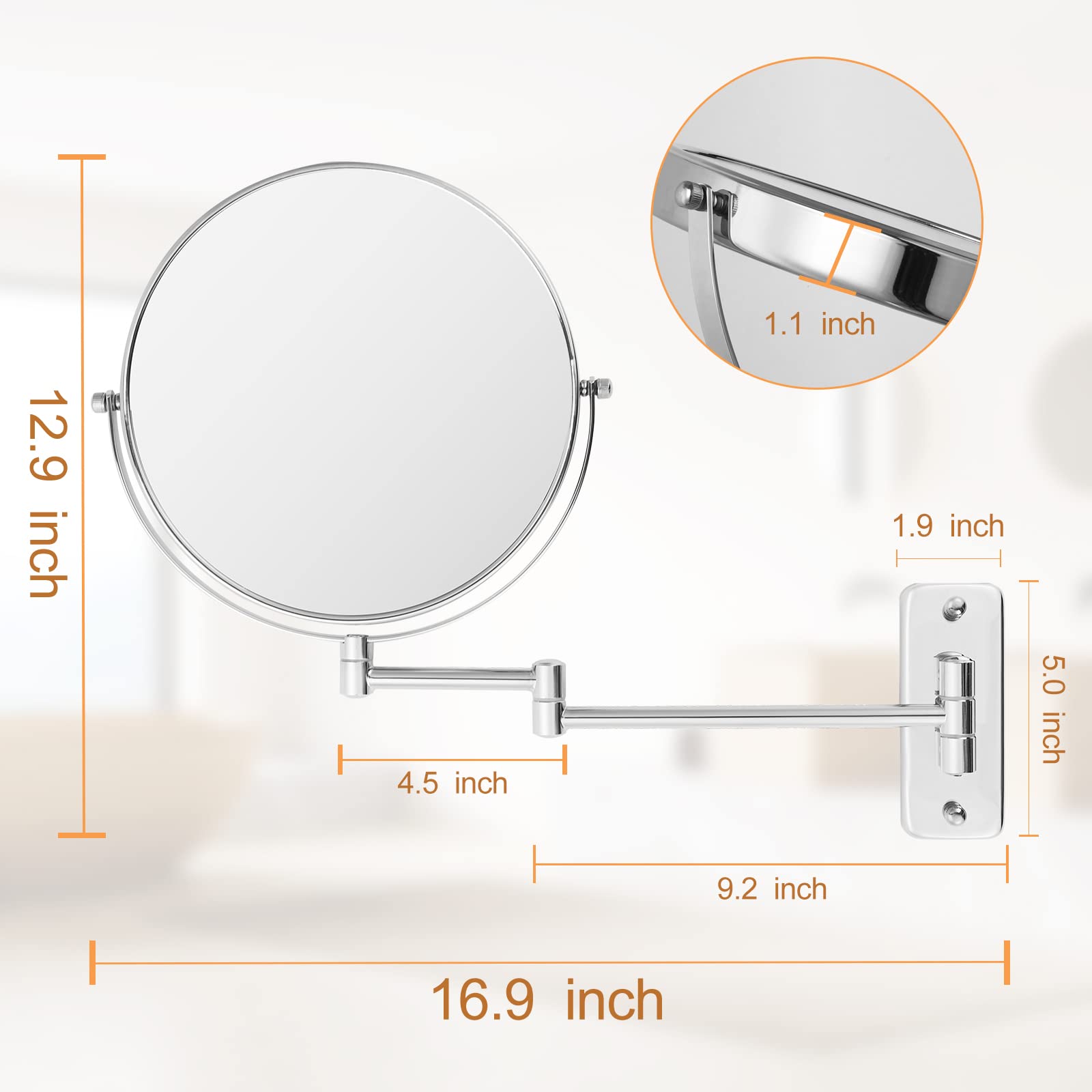 Ffowcye 9'' Magnifying Wall Mounted Makeup Mirror, 1X/7X Double-Sided Bathroom Vanity Mirror, Swivel Extendable Shaving Mirror,