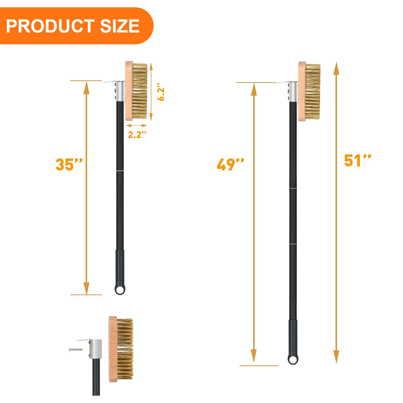 Nutuni Pizza Oven Brush With Scraper, Brass Bristles Grill Brush With 33 Or 47 Inch Long Handle, Pizza Oven Accessories