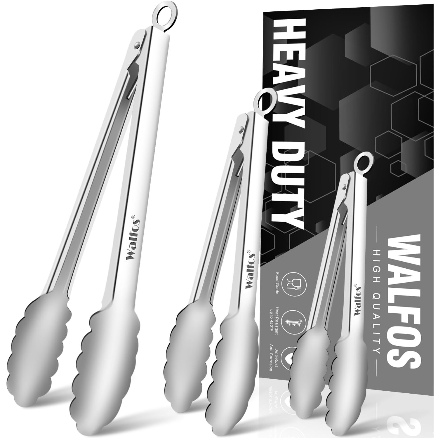 Walfos All Metal Kitchen Tongs for Cooking  BBQ Grilling  600? Heat Resistant Stainless Steel Tongs - Heavy Duty 7  9 and 12 Inch Locking Tongs Set of 3