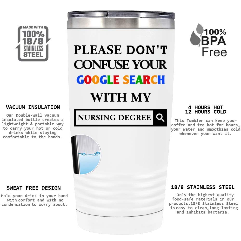 Please Don'T Confuse Your Google Search With My Nursing Degree On White 20 Oz Tumbler With Lid - Insulated Cup - Travel Mug
