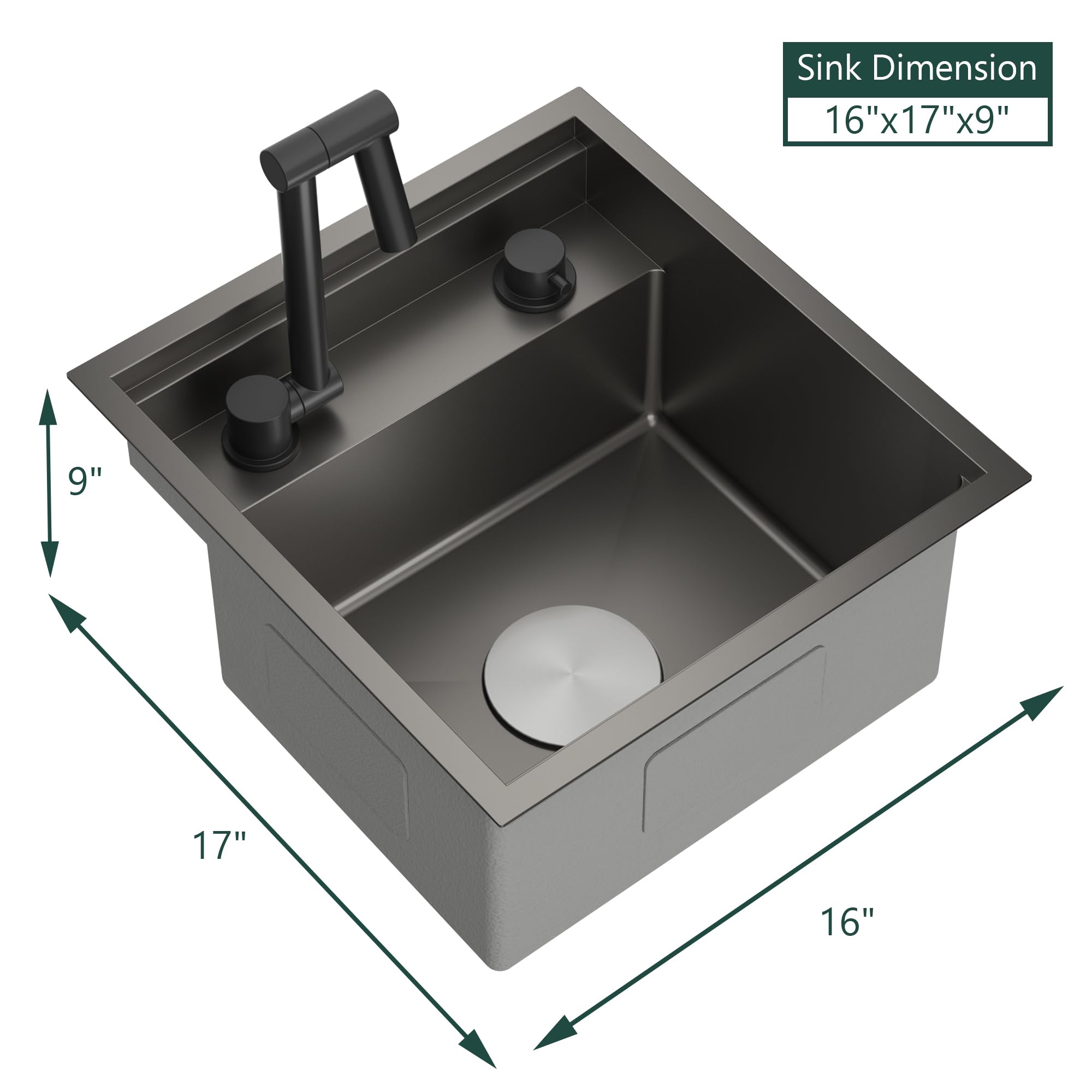Torva Rv Kitchen Sink, 16 X 17 X 9 Inch Undermount Bar Sink 16 Gauge Stainless Steel Single Bowl Workstation Sink With Faucet Cu