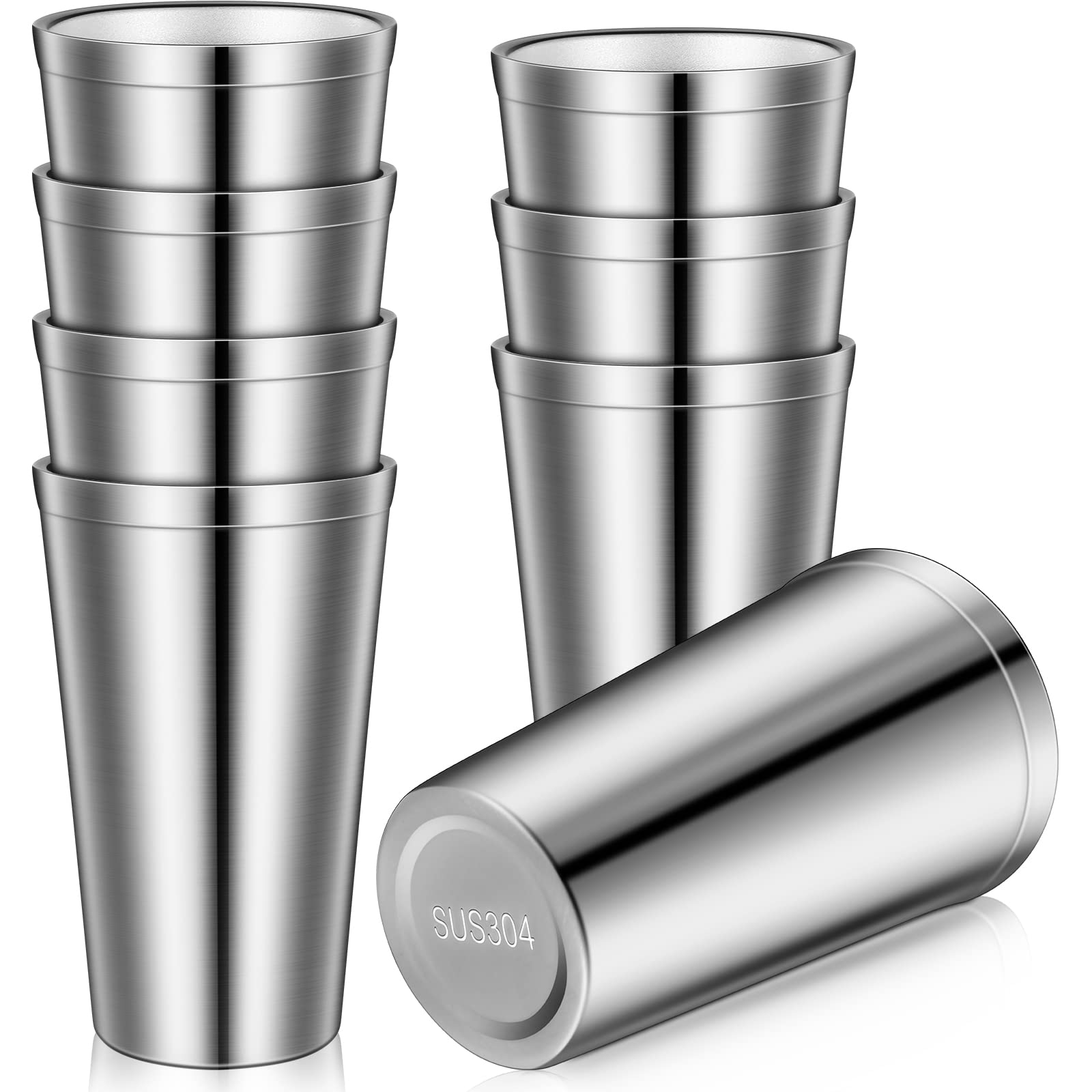 Zopeal 8 Pcs Stainless Steel Cups 16 Oz, Double Wall Vacuum Pint Cup Tumbler, Stackable Metal Unbreakable Drinking Glasses for H