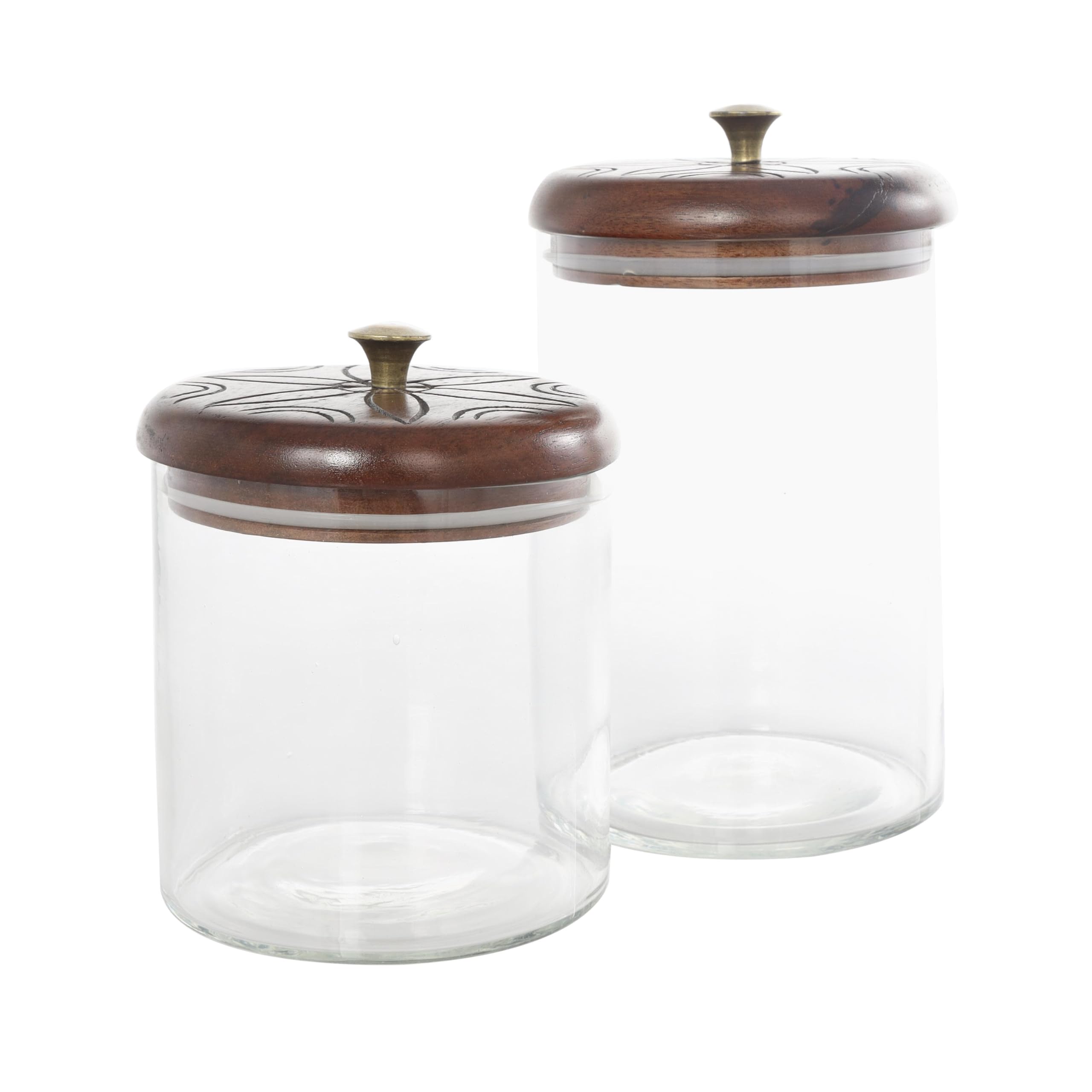 Deco 79 Glass Floral Living Room Decorative Jars Carved Decorative Container with Brown Wooden Lids and Gold Knobs, Set of 2 Jar