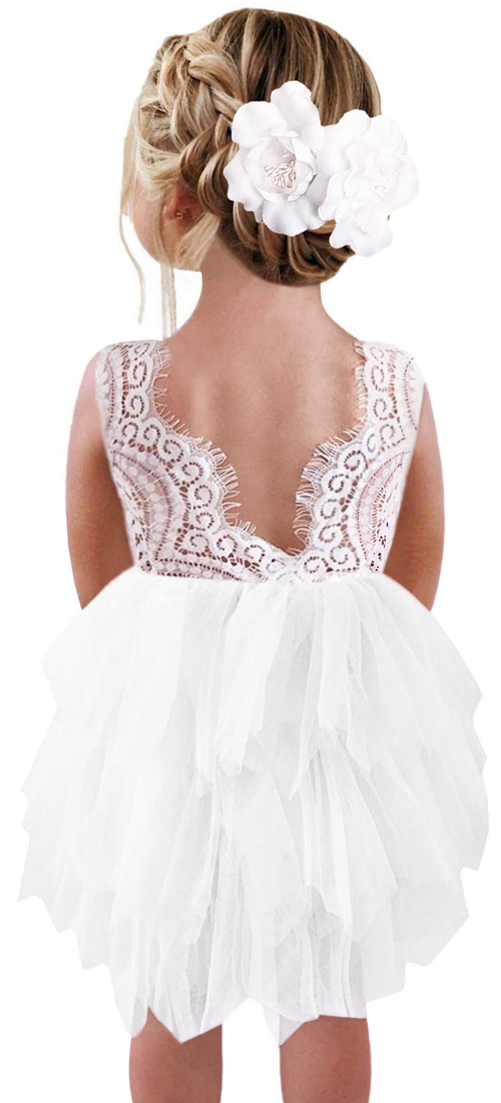 2Bunnies Girl Beaded Peony Lace Back A-Line Tiered Tutu Tulle Flower Girl Dress (White Short Sleeveless, 3T)