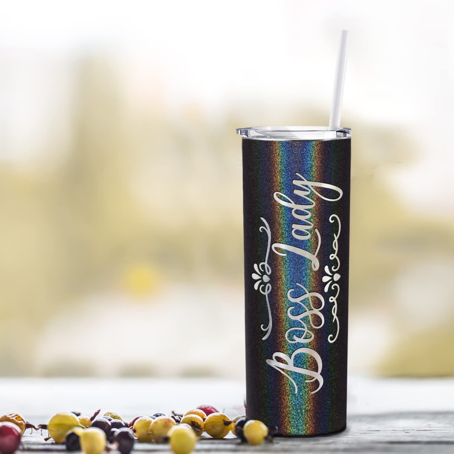 Cuptify Boss Lady Skinny Tumbler With Lid And Straw Laser Engraved On Black Glitter 20 Oz Insulated Stainless Steel Birthday Gif