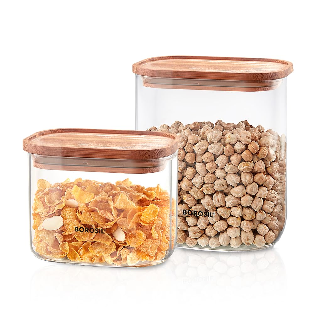 Borosil 2Pc Storage Jar Set With Bamboo Lid (600Ml + 950Ml) | Made In India Borosilicate Glass Dishwasher Safe Container For Kit
