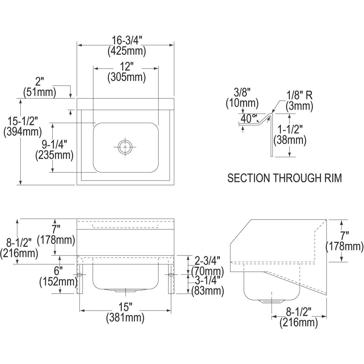 Elkay Stainless Steel 16-3/4'' x 15-1/2'' x 13''  Single Bowl Wall Hung Handwash Sink