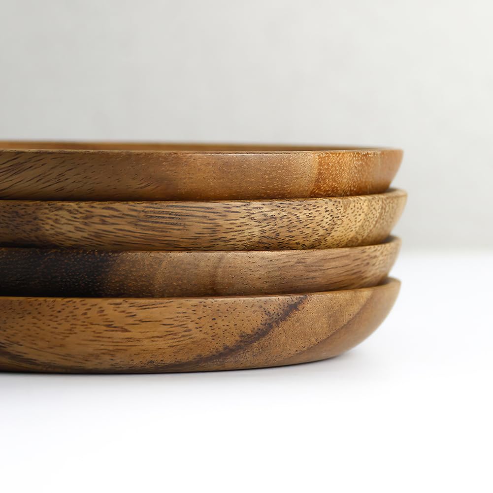 IQCWOOD Acacia Wooden Dinner Plates Set of 4, 6 Inch Round Serving Platters for Food, Dessert, and Salad