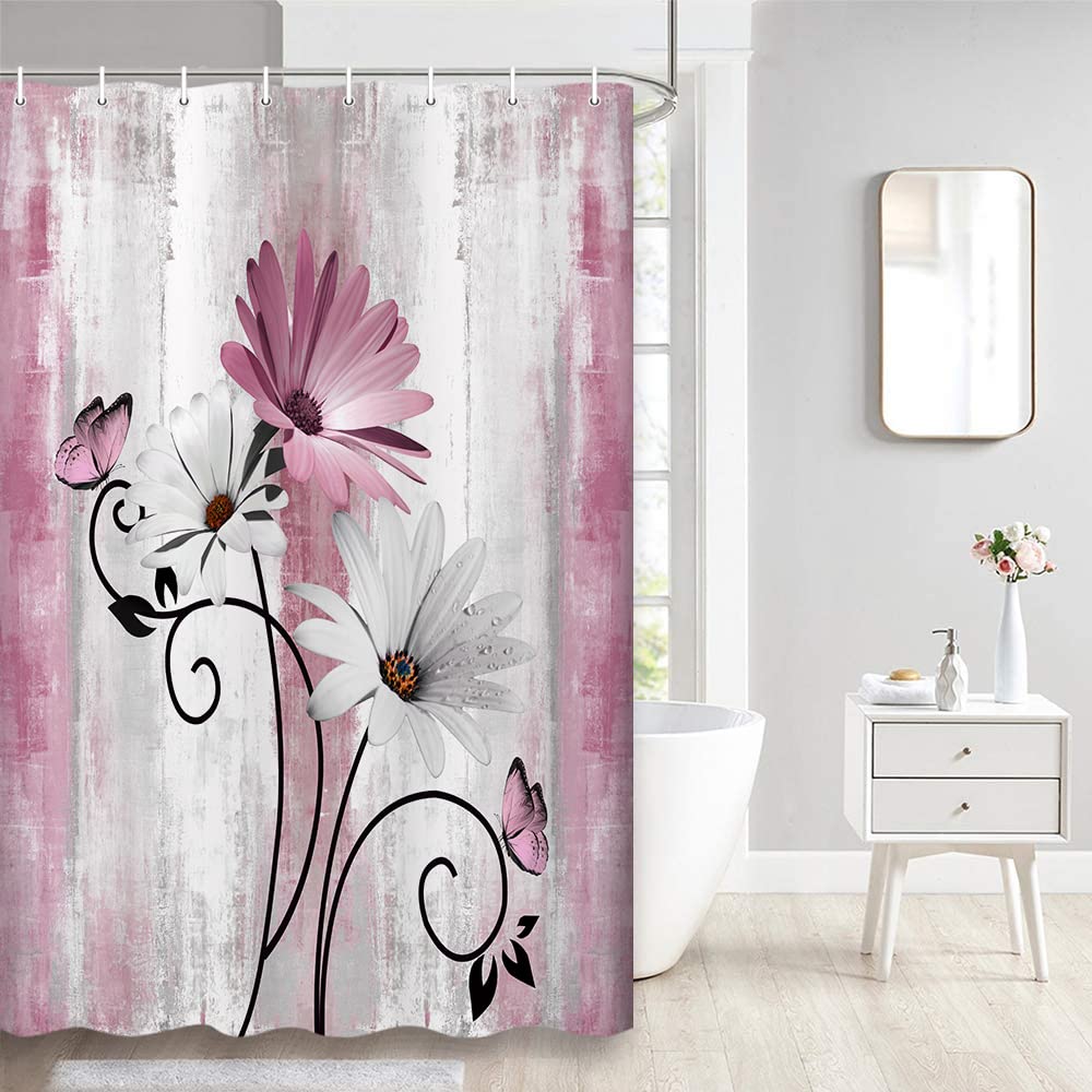 Veivian Rustic Farmhouse Shower Curtain, Farm Pink Daisy Floral Flowers And Butterfly On Country Wooden Shower Curtain For Bathr