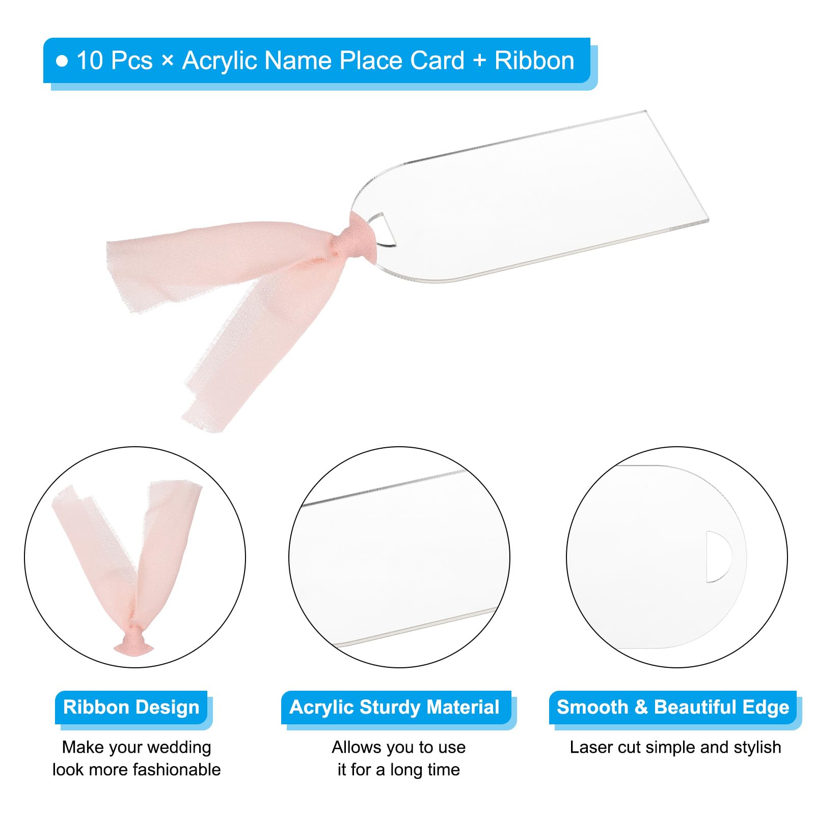 Patikil Place Cards For Table Setting 3.5'' X 1.8'', 10 Pcs Acrylic Name Cards With Ribbon For Wedding Banquets Events Table Set
