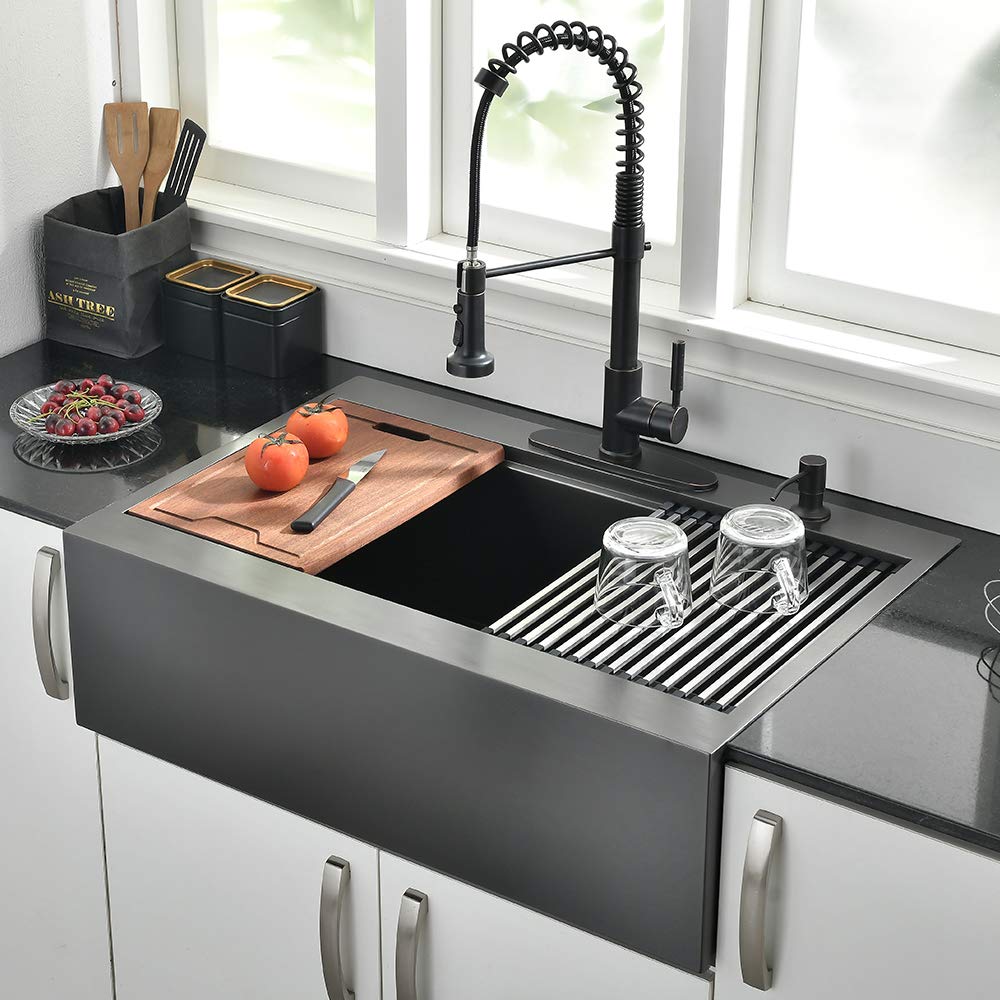 33 Inch Farmhouse Drop In Kitchen Sink Workstation Black- 33X22 Inch Black Stainless Steel Drop In Apron Front Farmhouse Sink Wo