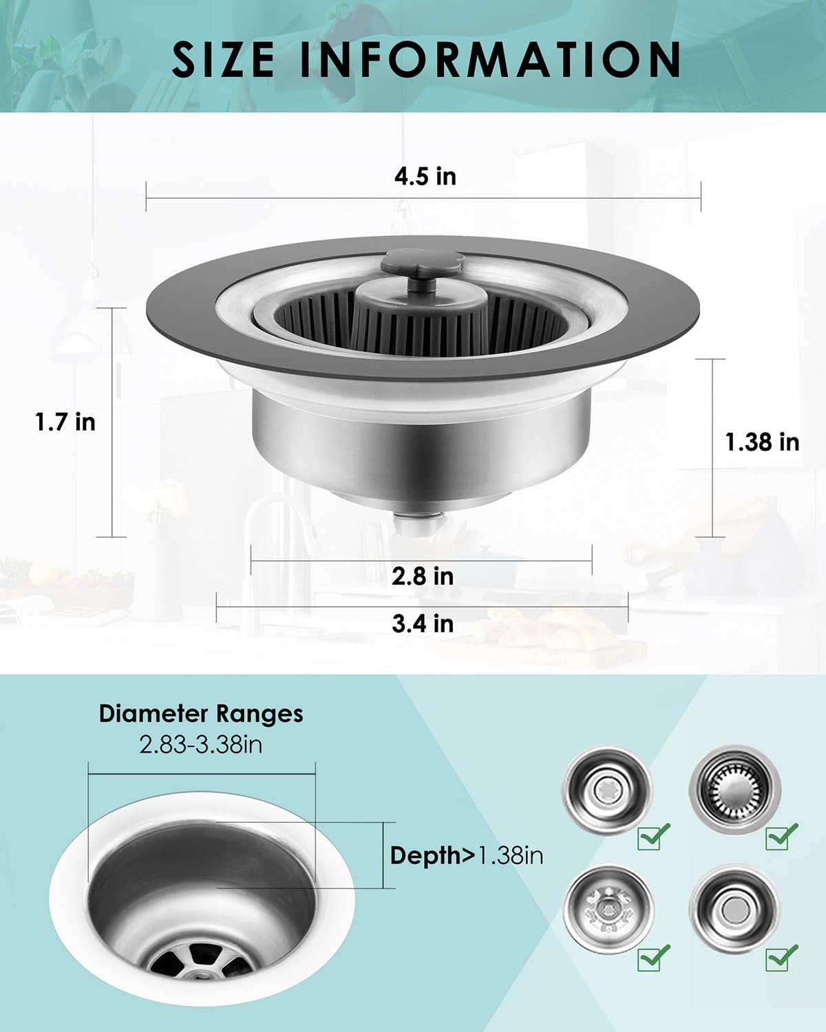 Drifop 3 In 1 Kitchen Sink Stopper And Strainer Combo, Pop Up Stainless Steel Kitchen Drain Strainer, Anti-Clogging Sink Straine
