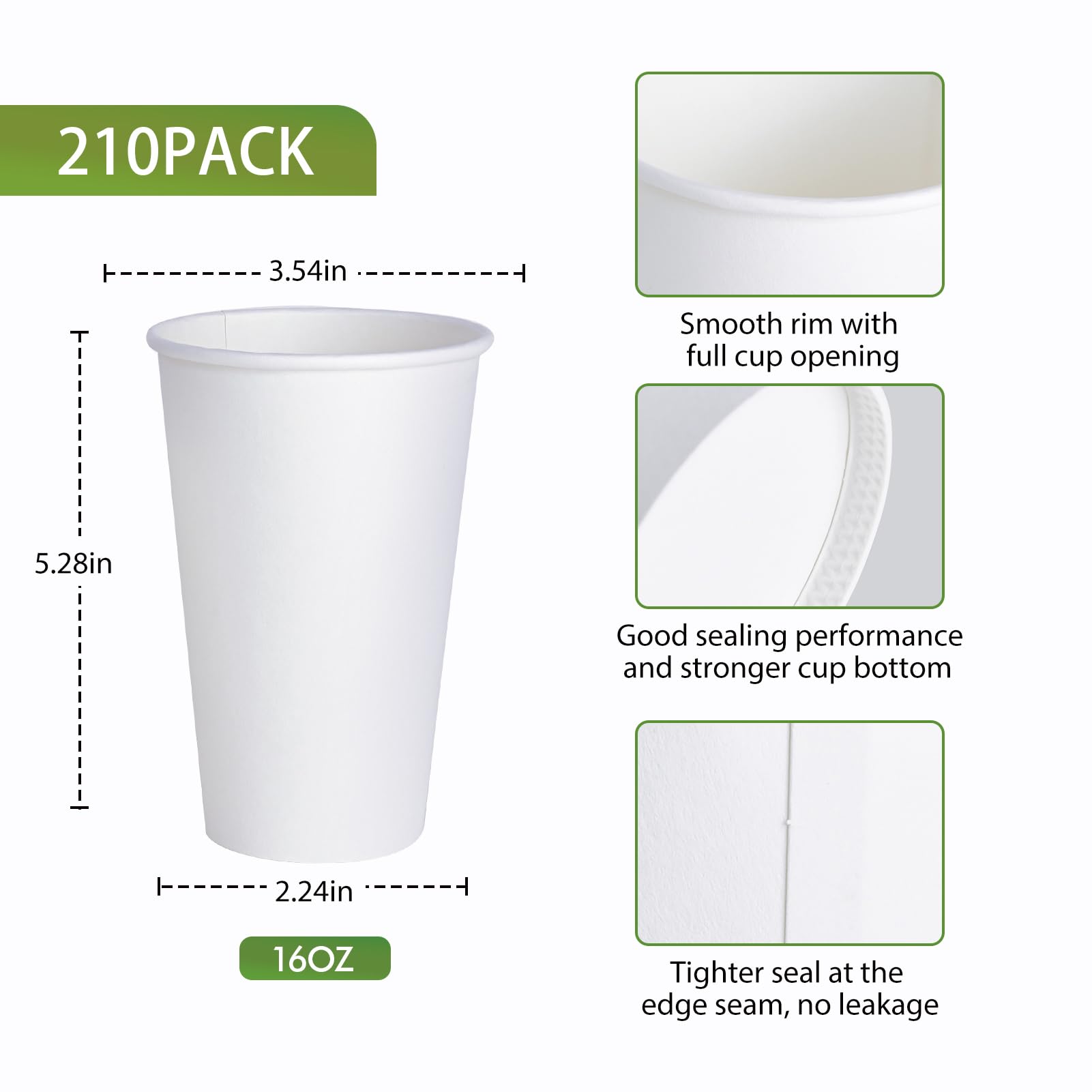 LITOPAK 210 Pack 16 oz Disposable Paper Coffee Cup  Hot/Cold Beverage Drinking Cups for Water  Paper Coffee Cups  White Paper Hot Coffee Cups  Suitable for Party  Picnic  Travel  and Events.