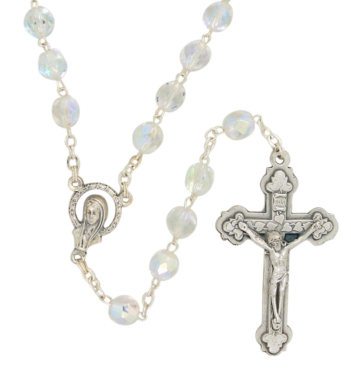 Clear Glass Prayer Bead Rosary with Our Lady of Grace Centerpiece