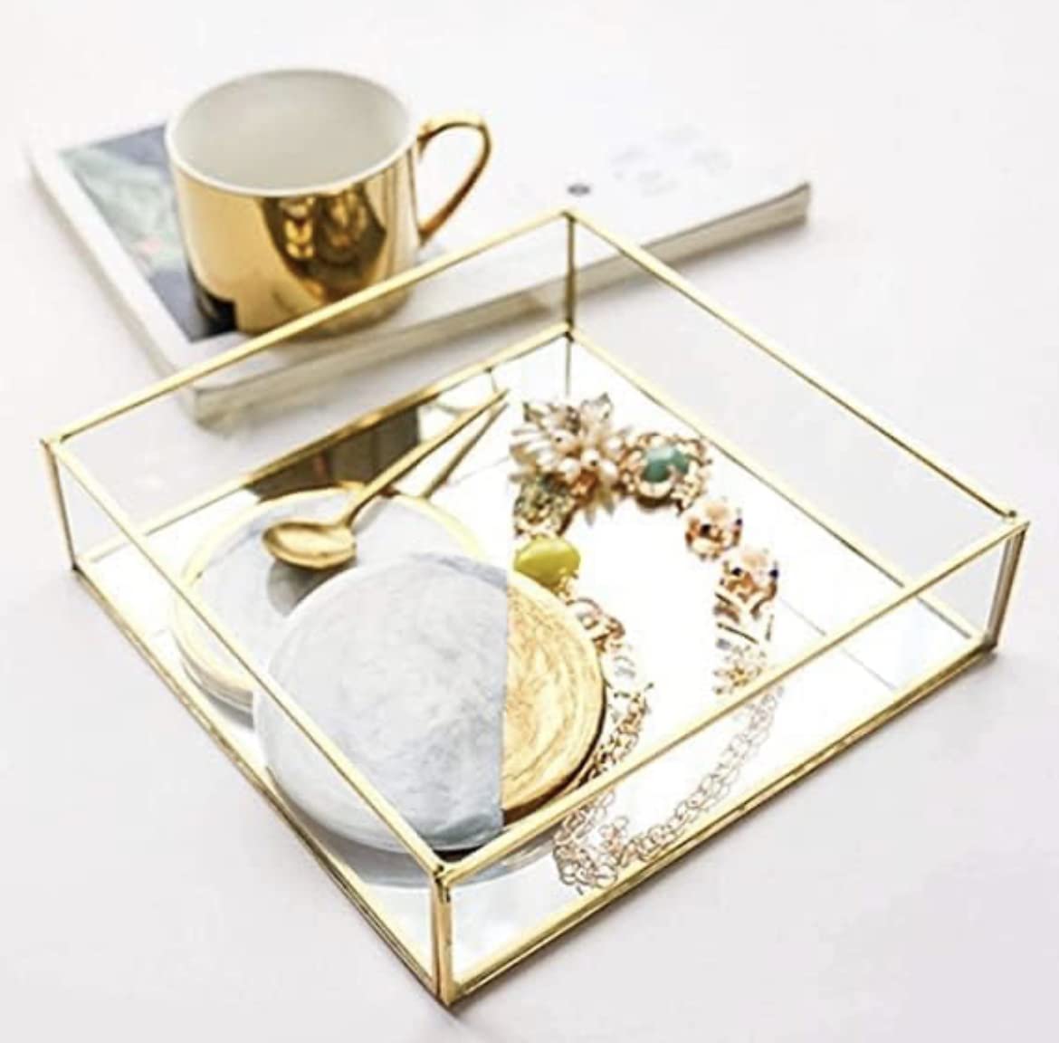Square Glass Tray With Brass Rim Mirror Base Vanity Tray For Home Decor Jewellery Organiser, Small, Gold