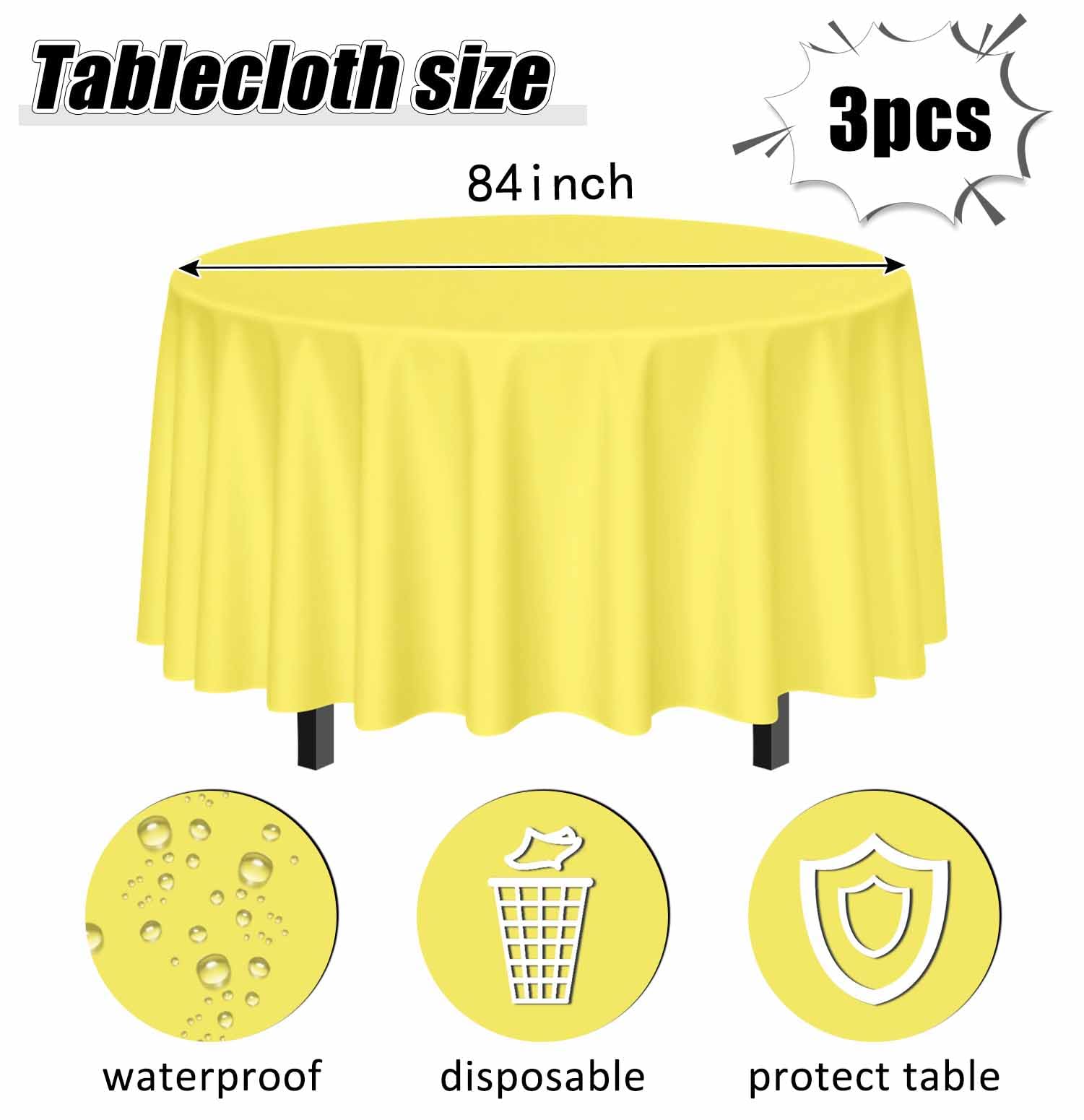 SietDESEO 3 Pack Yellow Tablecloth Round 84 x 84 Plastic Table Cover Waterproof Yellow Table Cloth Disposable for Wedding Birthd