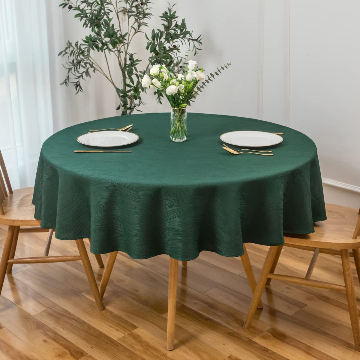 Maxmill Christmas Hunter Green Tablecloth, Spill-Proof And Water Resistance Heavy Weight Soft Circular Table Cloth For Christmas