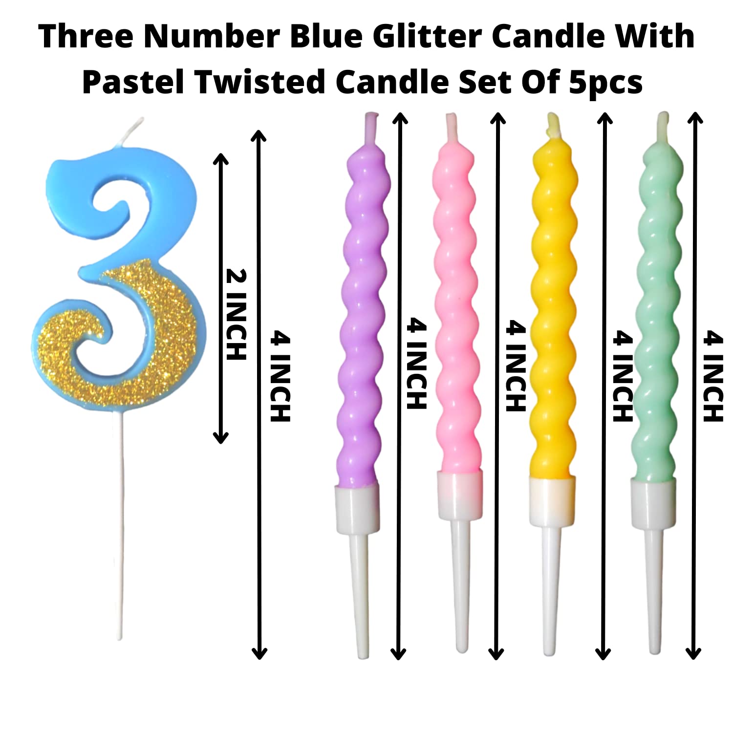 Party Decorz Number 3 Candle | Three Number Candle | Three Number Blue Glitter Candle with Pastel Twisted Candle Set of 5pcs for