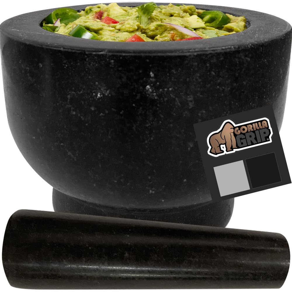Gorilla Grip Large Granite Mortar And Pestle Set, 4 Cup, Slip Resistant Non Scratch Foam Base, Spice And Herb Grinder, Stone Mol