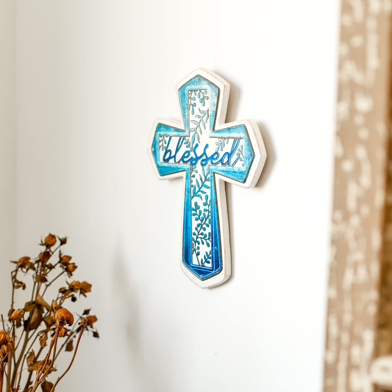 OKSQW 11 Wall Cross Handmade White Wood & Blue Iron Christians Spiritual Religious Cross with Hook Christmas Wall Hanging Cross