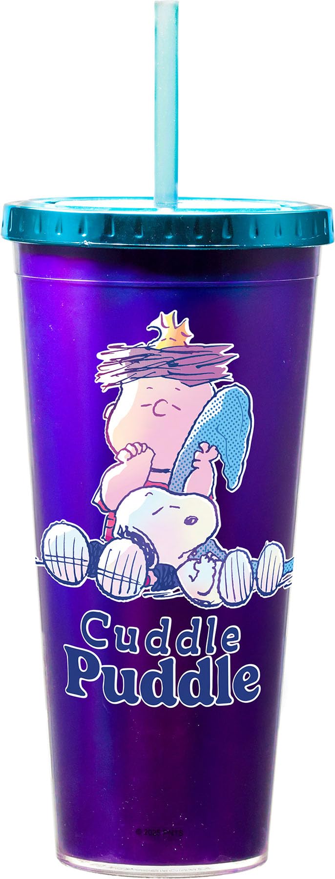 Spoontiques Peanuts Cuddle Foil Cup - 20oz Acrylic Foil Cup with Straw - Metallic Locking Lid - Double Wall Insulated and BPA Fr