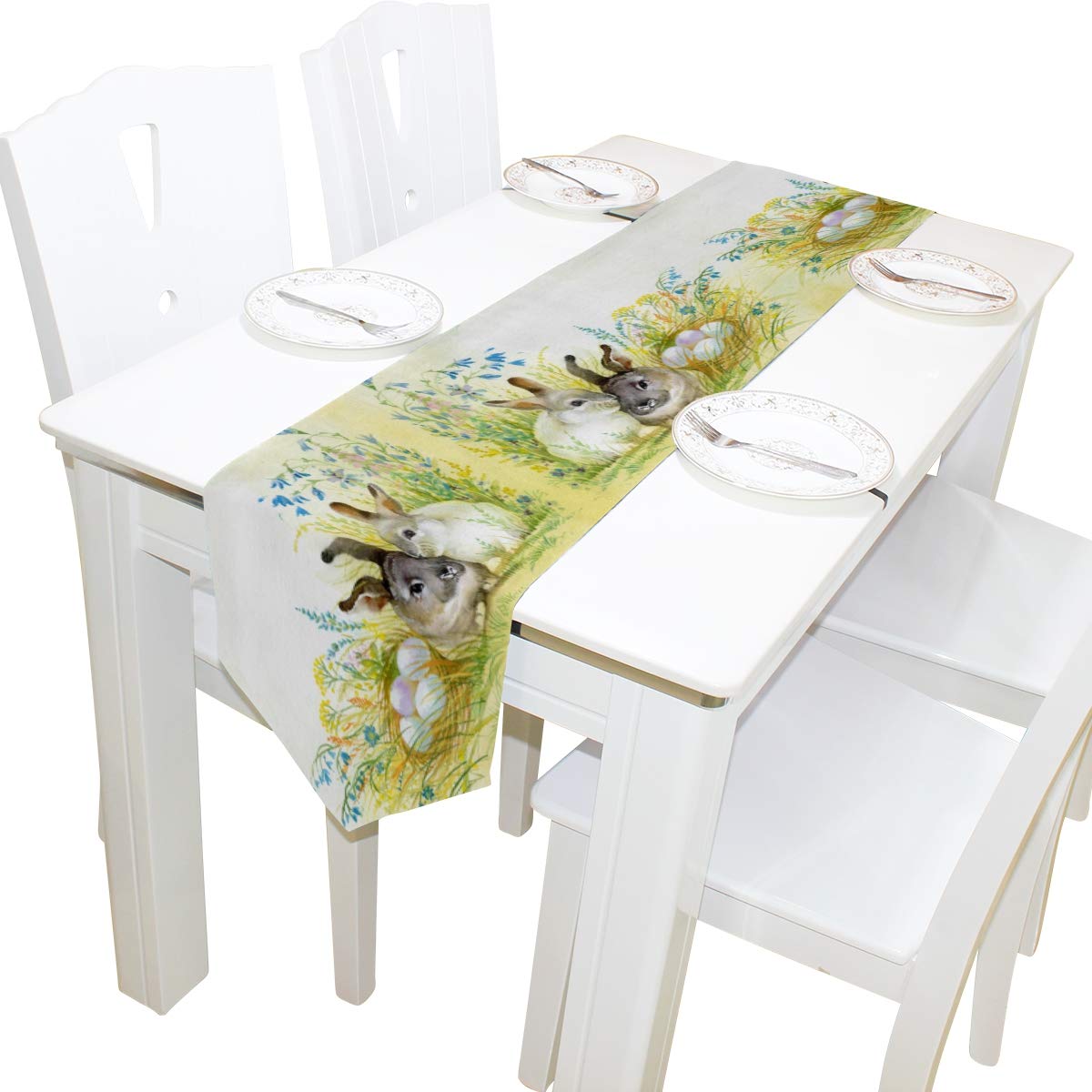 Woor Double-Sided Retro Easter Bunny Rabbit Watercolor Table Runner 13 X 70 Inches Long,Table Cloth Runner For Wedding Party Hol