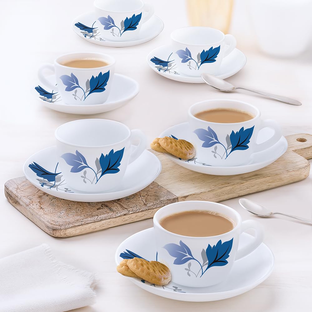 Larah By Borosil Ageria Opalware Cup And Saucer Set Of 12 Pcs | Tea/Coffee Cups 140 Ml | Microwave & Dishwasher Safe | Bone-Ash 