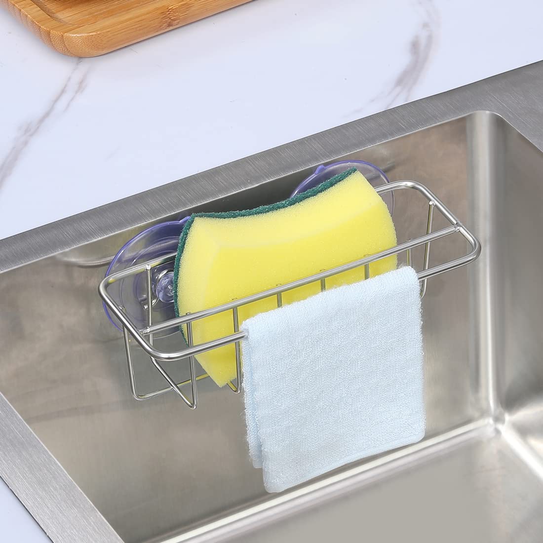 Sink Caddy Sponge Holder For Kitchen Sink Dish Cloth Hanger 2 Suspension Options(Suction Cups And Adhesive Hook), Sus304 Stainle