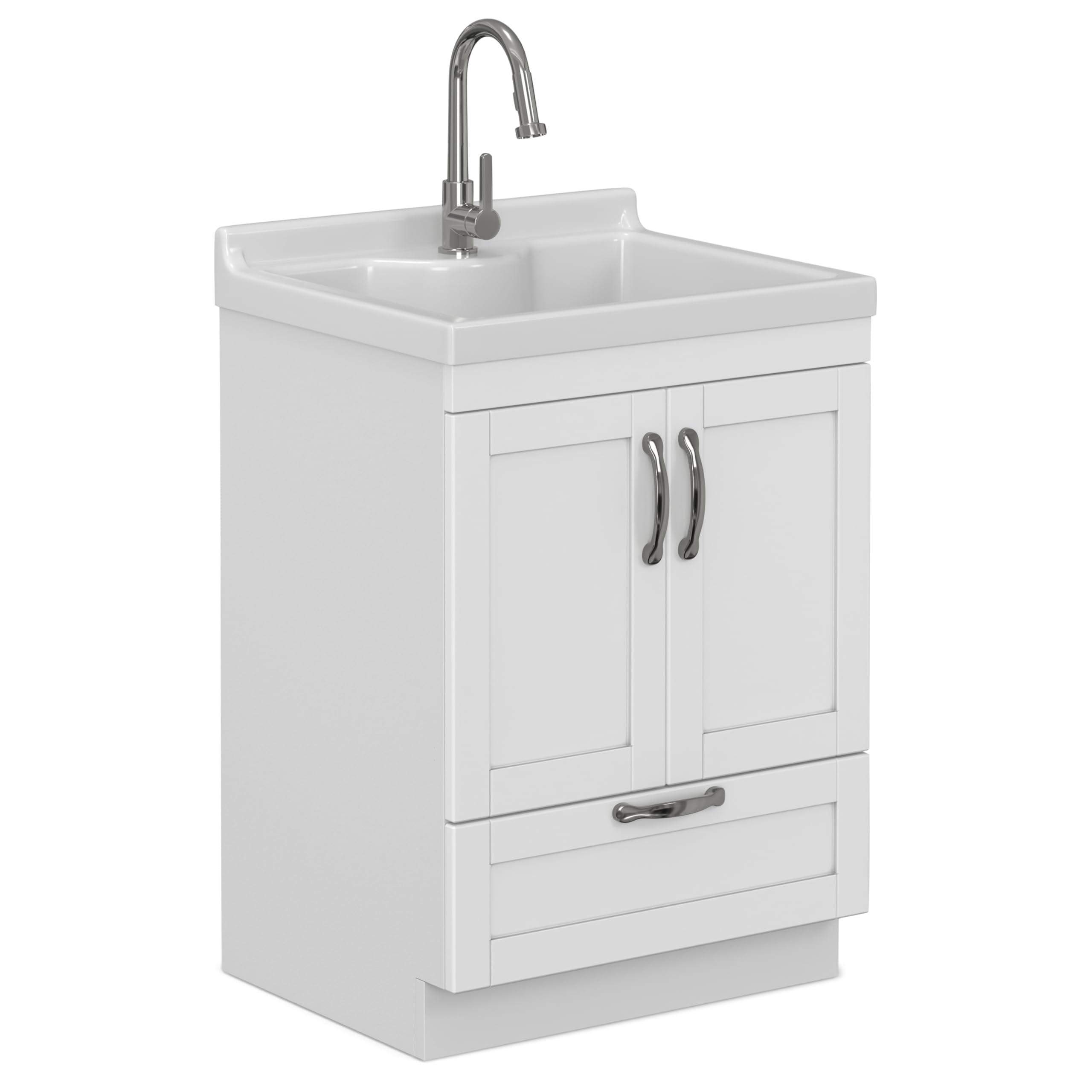 SIMPLIHOME Maile All-in-One 24 inch Wide Utility Sink and Laundry Cabinet in Pure White Finish, Transitional ABS Sink Cabinet fo