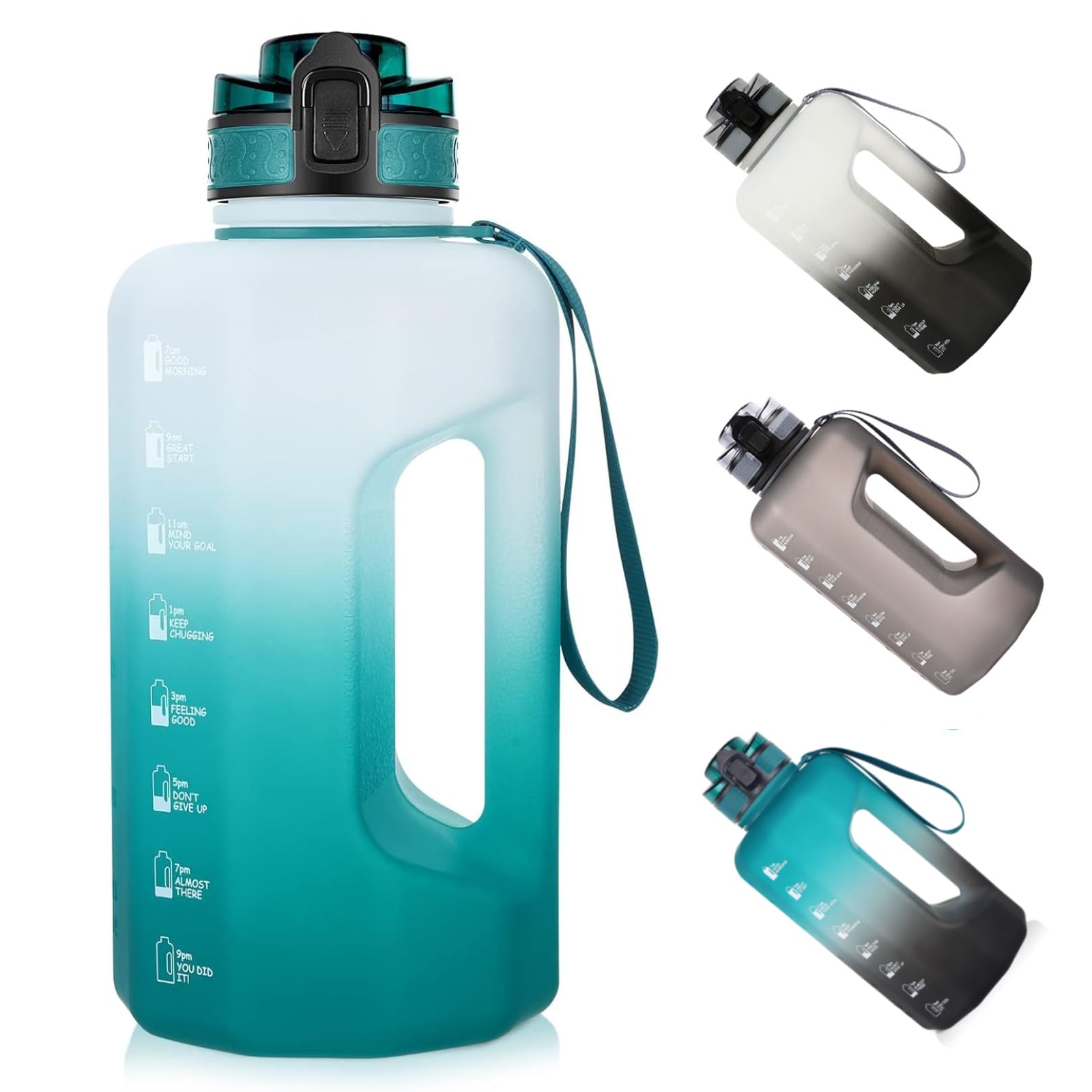 GEMFUL 2.2L Gym Water Bottle with Strap Half Gallon Motivational Jug for Workout Outdoor BPA-Free Leakproof Sports Bottle 74oz (