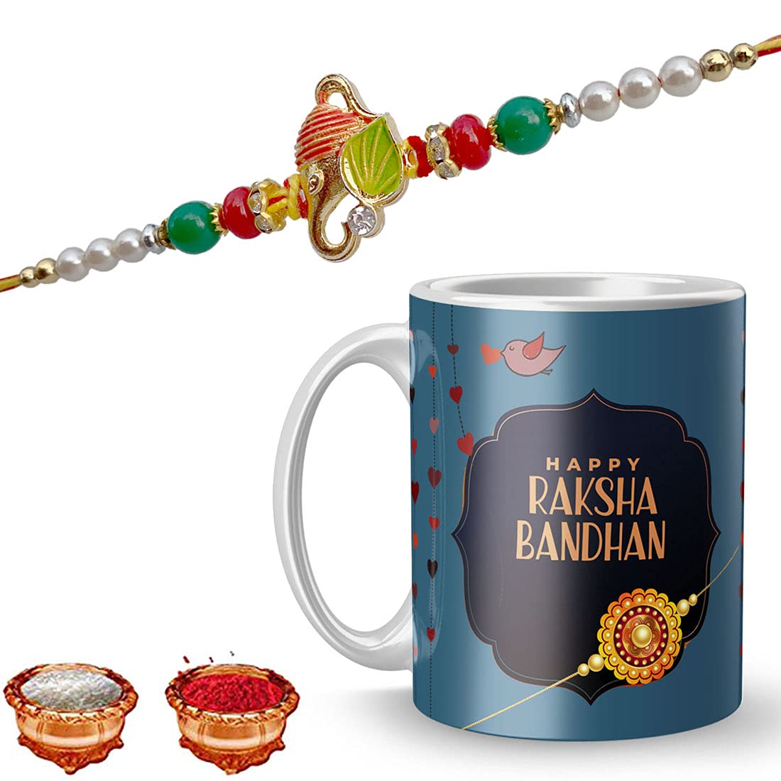 Avadh Craft Combo of Traditional Rakhi for Brother, Printed Coffee Mug, Rakshabandhan Card Roli Chawal, Rakhi Gift for Sister an