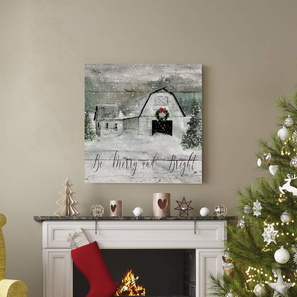 Renditions Gallery Be Merry and Bright Wall Art  Cute Christmas & Winter Artwork  Festive Barn  Faux Wood Look  Premium Gallery Wrapped Canvas Decor  Ready to Hang  32 in H x 32 in W  Made in America (WC21-42422-3232)