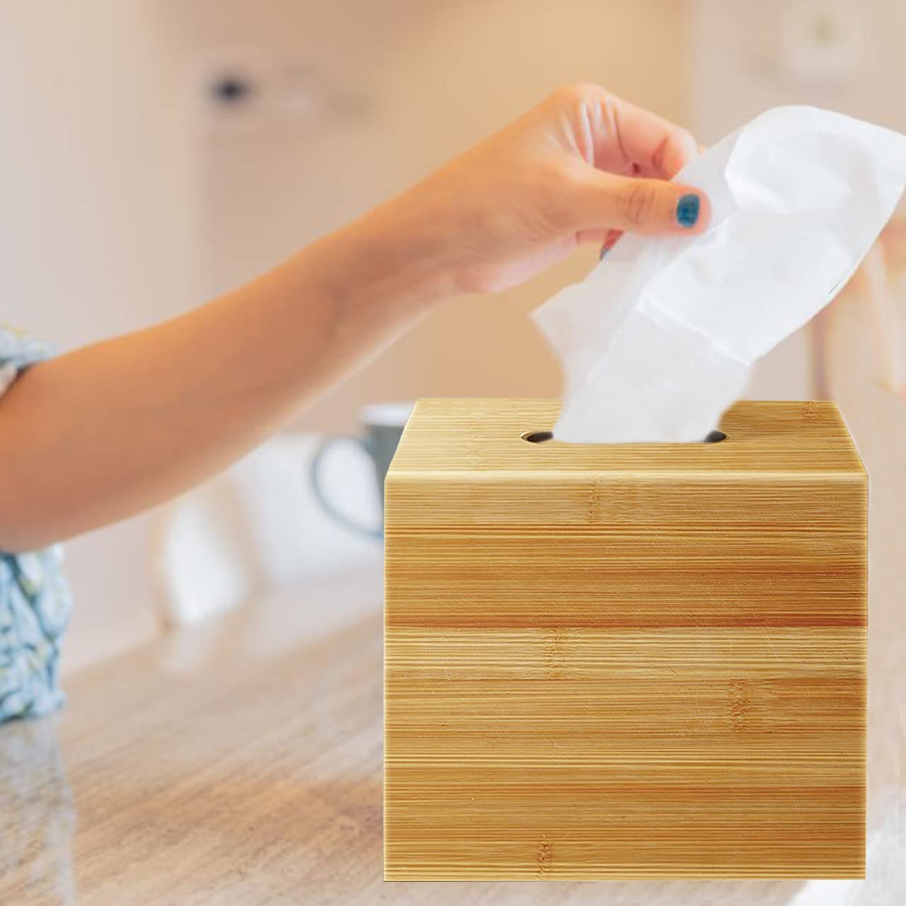 Performore Square Bamboo Tissue Box Cover - Stylish Water-Resistant Wooden Facial Tissue Holder For Bathroom, Office Desk & Nigh