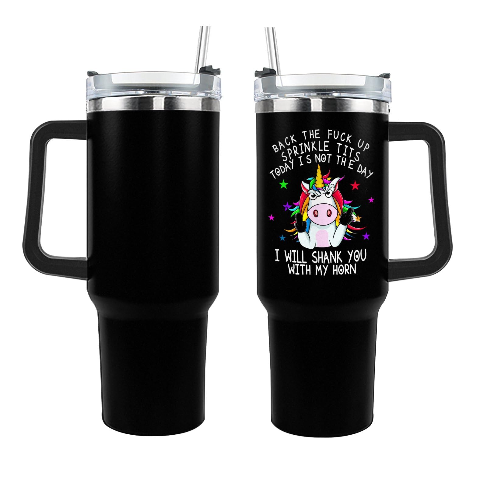 Dimyze 40 oz Tumbler with Handle Back the Fuck Up Sprinkle Tits, Funny Unicorn Tumbler with Lid and Straw Insulated Tumblers Sta