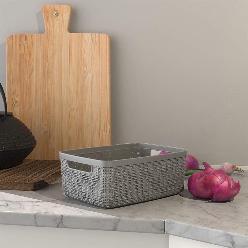 Curver Jute Large Decorative Plastic Organization And Storage Baskets, Perfect Bins For Home Office, Closet Shelves, Kitchen Pan