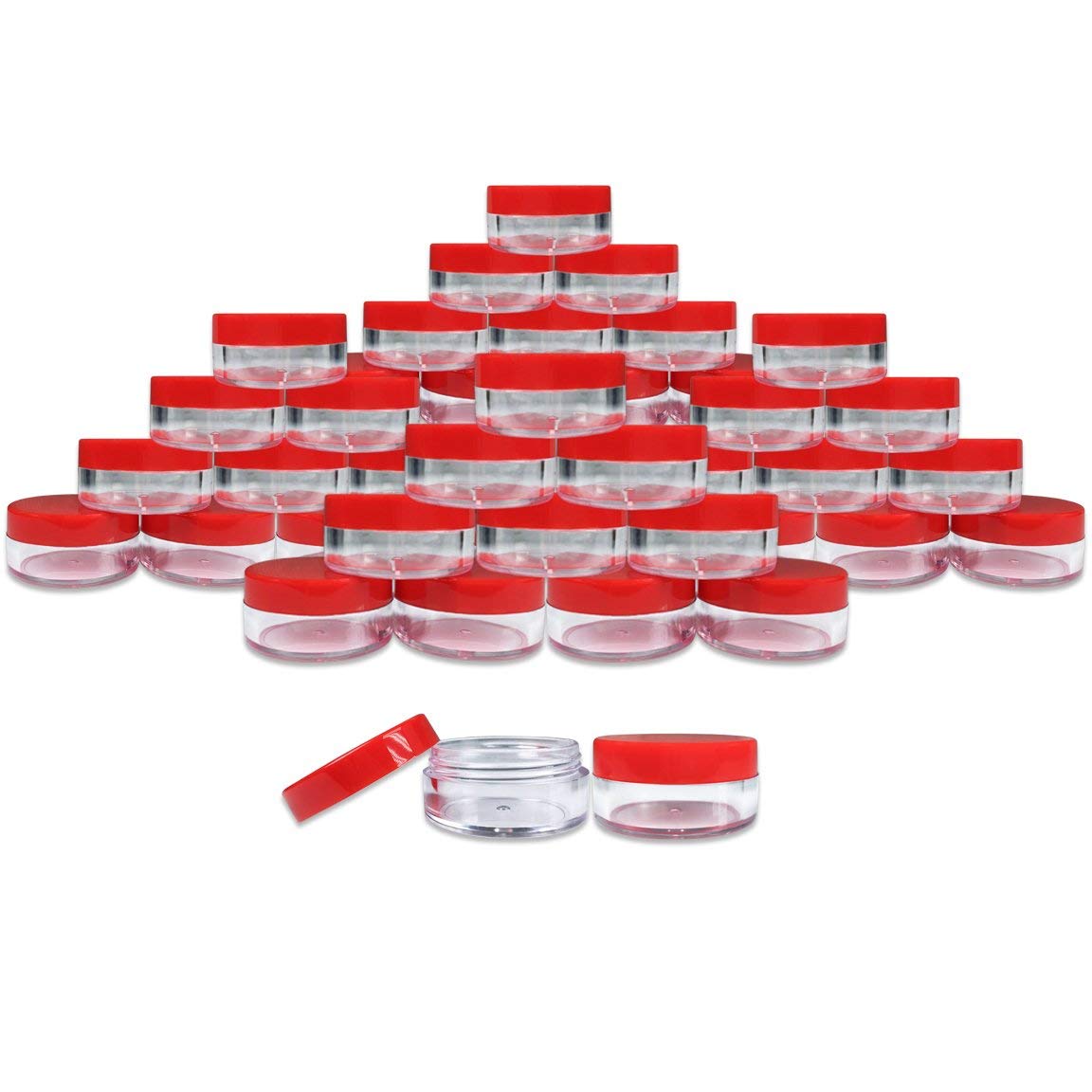 Beauticom 40 Pcs 10 Gram (0.35 Oz) Plastic Pot Jars With Red Lid For Lip Balms, Salves, Creams, Cosmetics, Nail Accessories, Rhi