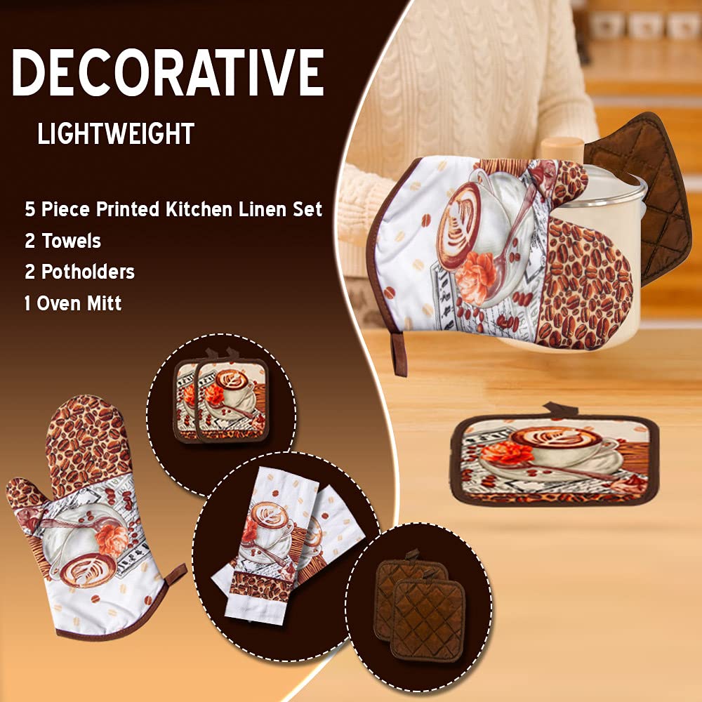 Lobyn Value Packs: 5-Piece Cafa Latte Kitchen Towel Set - Quilted Oven Mitt & 2 Potholders, Perfect For Coffee Lovers