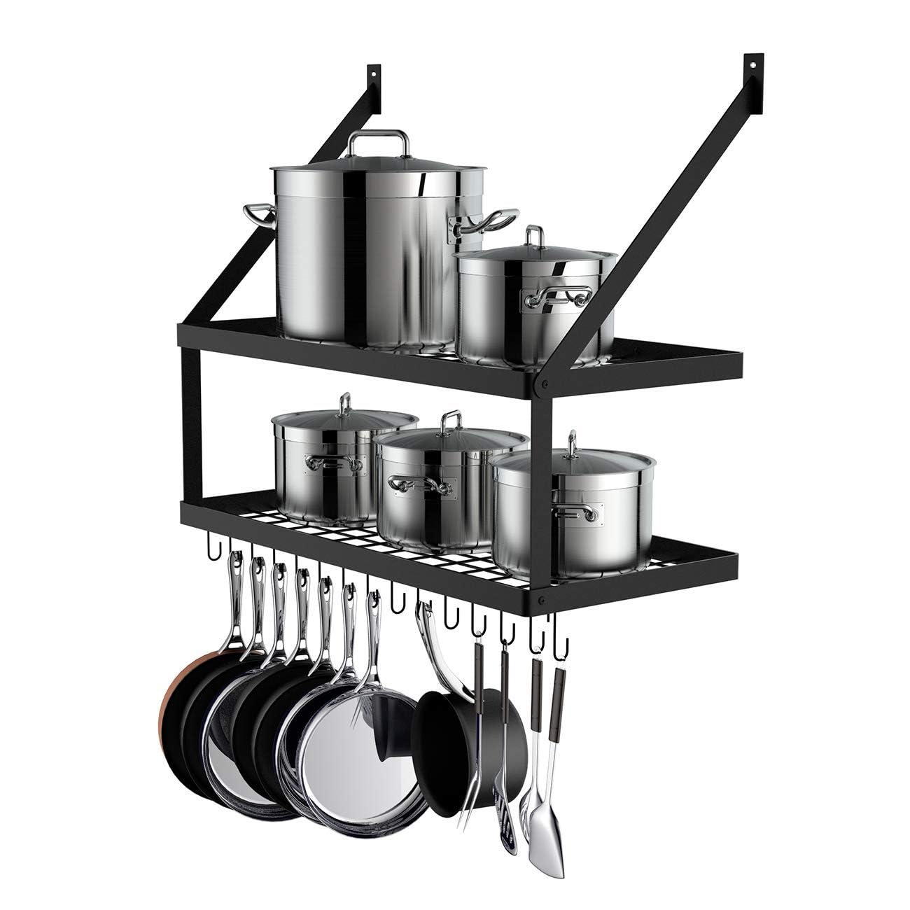 Ogfc 28458 Square Grid Wall Mount Pot Rack With 2Tier 15 Hooks, Kitchen Cookware Hanging Organizer Storage Shelf, 27 By 13.7In