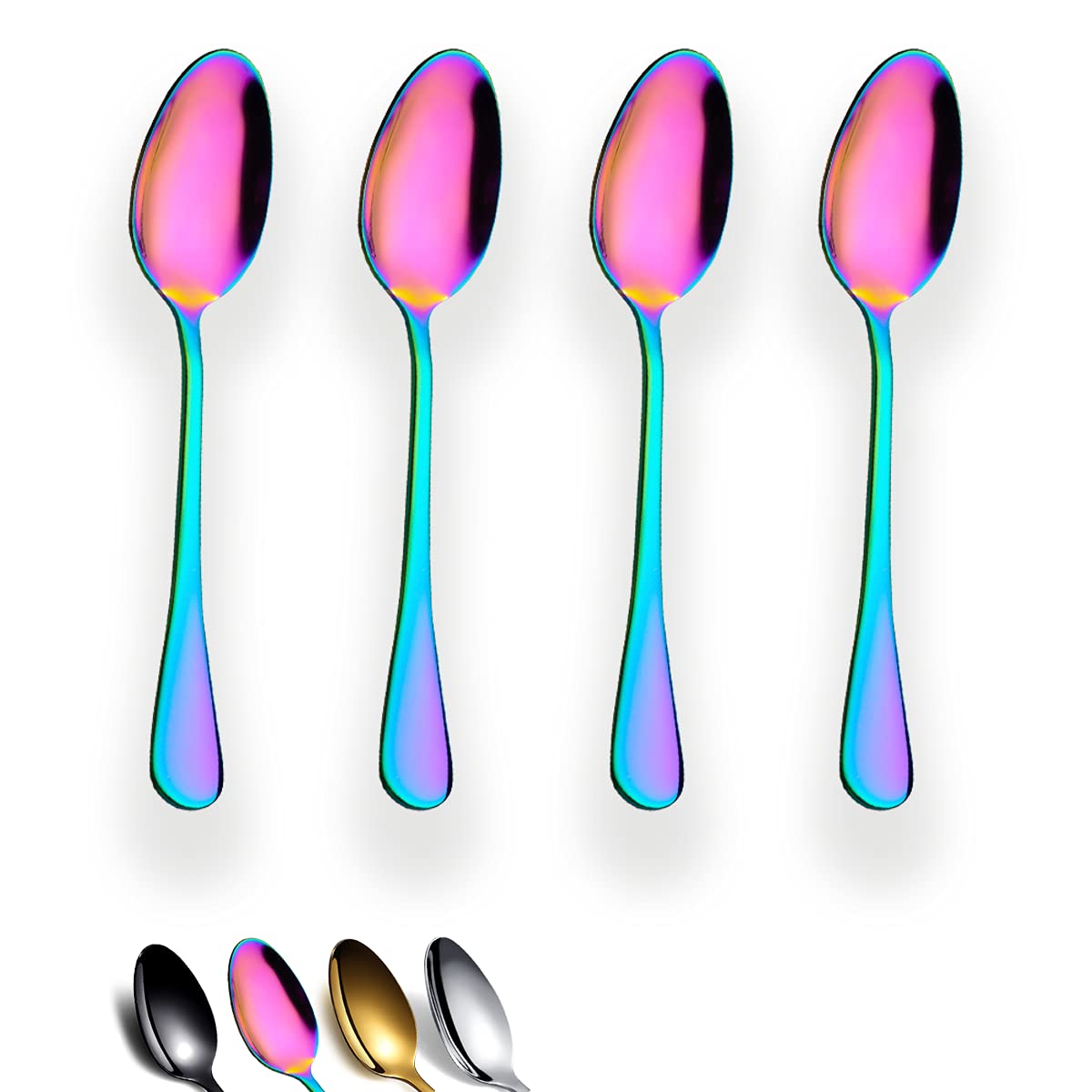 Rainbow Teaspoons 6.5'' Set Of 4, Berglander Stainless Steel Titanium Plating Shiny Mutil-Color Tea Spoons Silverware, Colorful