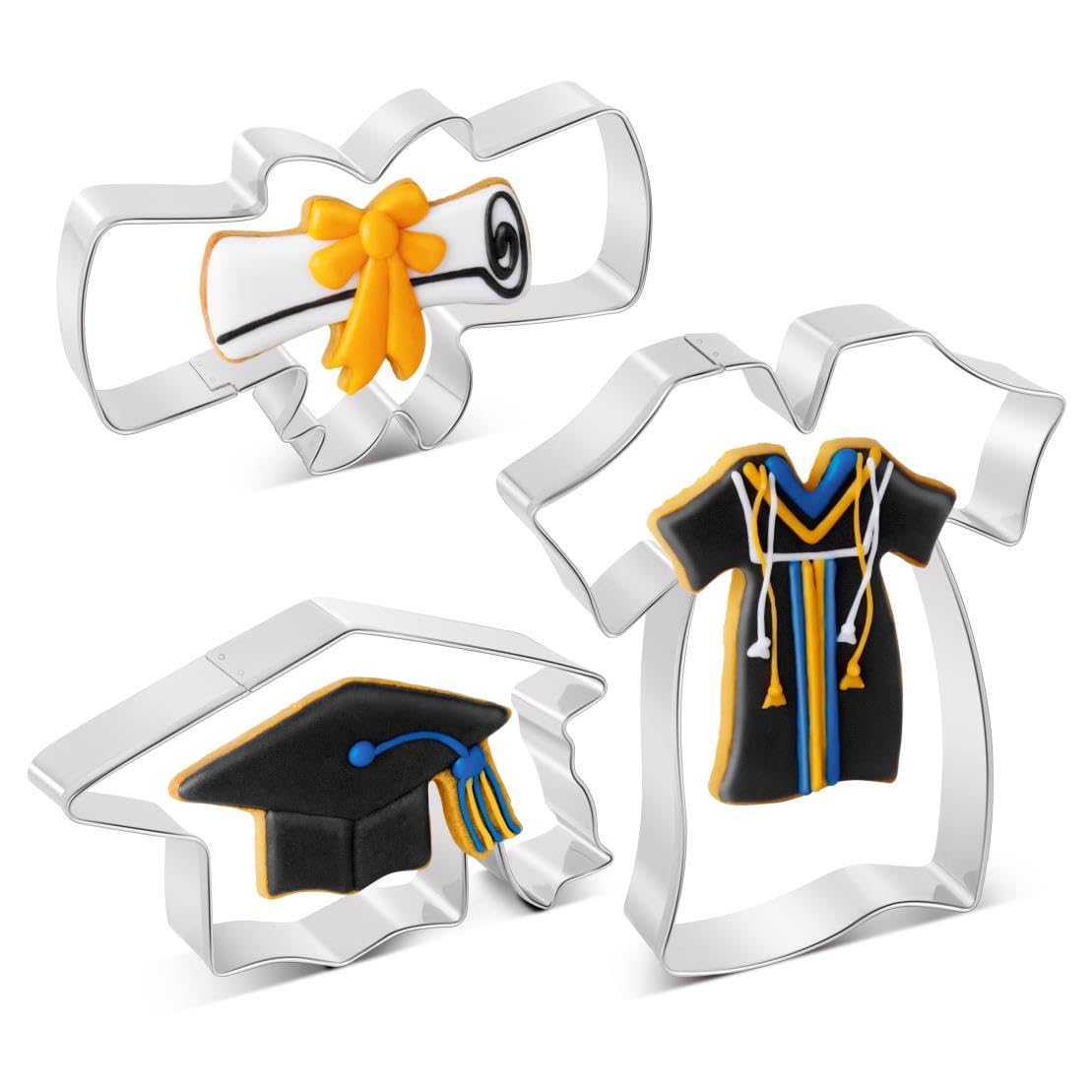 Graduation Cookie Cutters Set 3 Pieces, Stainless Steel Graducation Cap Cookie Cutter, Diploma, Graduation Gown Dress Cookie Cut