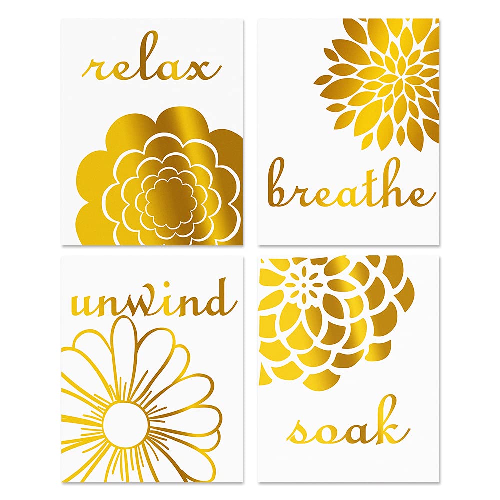 Lhiuem Gold And White Bathroom Pictures Wall Art Decor,Abstract Flowers Gold Foil Print,Set Of 4 Soak Relax Unwind Quote And Say