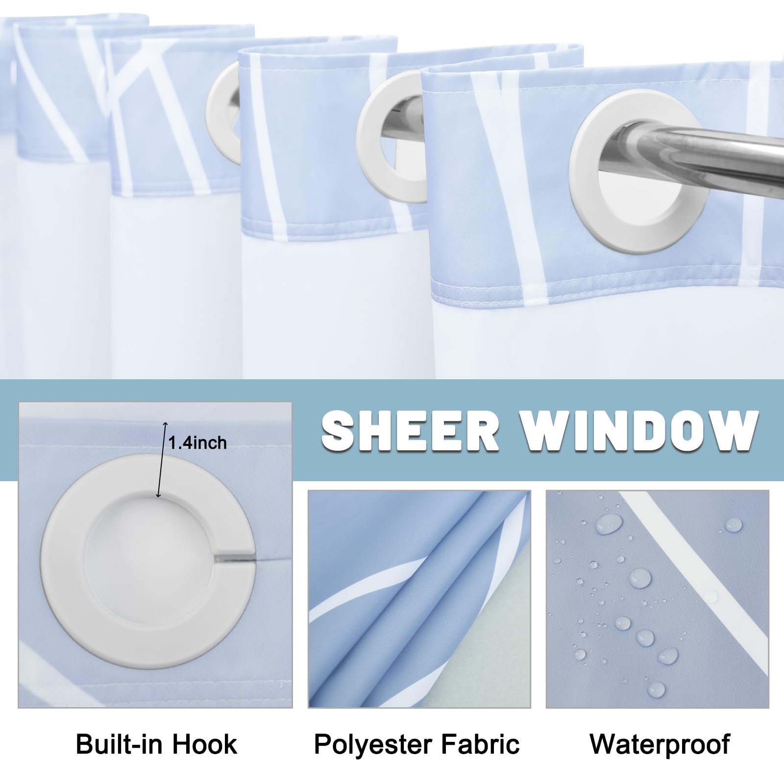 LXBNI No Hook Ombre Blue Striped Shower Curtain with Snap in Fabric Liner Set - Hotel Shower Curtain and Liner Set with See Through Mesh Top Window Machine Washable  71x74 INCH